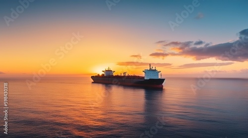 Low angle view on huge fuel tanker ship in the sea on sunset. Generative AI