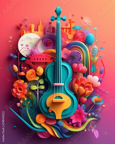 A musical instrumental with ornament colorful flowers background, music festival day. Generative AI, Generative, AI