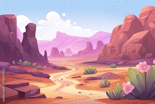 winding path through a cartoon desert landscape. Generative AI