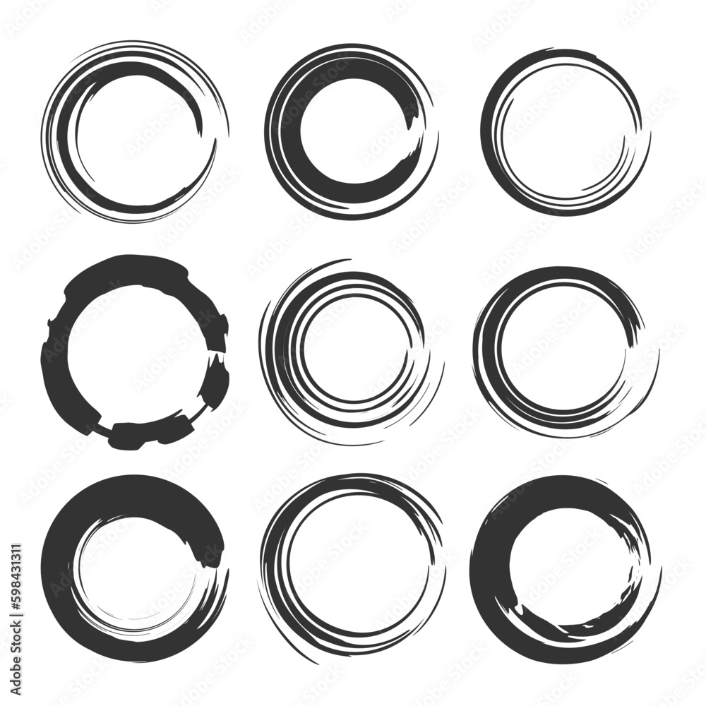 Set of circle brush strokes, hand drawn paint frame for design logo, banner, card. Vector illustration