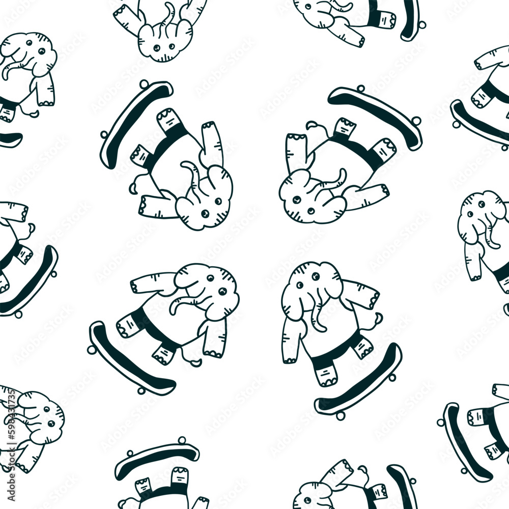 Elephant-skateboarder. Vector seamless pattern in outline doodle style isolated on white background. Elephant-skateboarder. Vector seamless pattern in outline doodle style isolated on white background.
