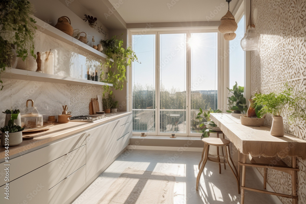 Cute modern kitchen, boho design interior style. Beige light colors. Super photo realistic background, generative ai