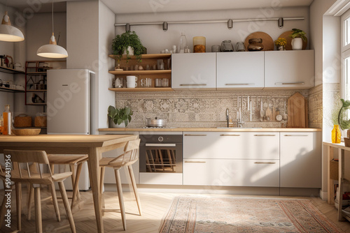 Cute modern kitchen, boho design interior style. Beige light colors. Super photo realistic background, generative ai