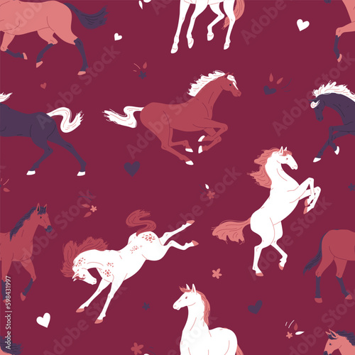 Seamless pattern or wallpaper design with running horses vector illustration.