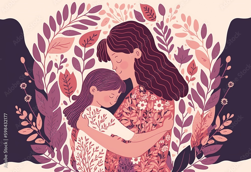 A mother embracing her child. Happy mother's day themed Generative AI illustration.