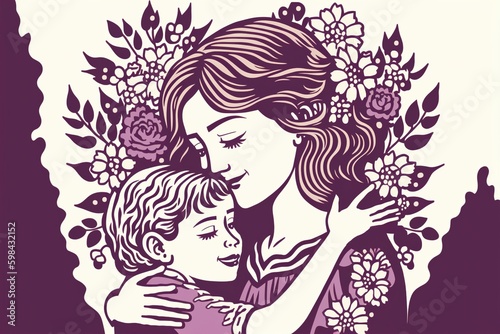 A mother embracing her child. Happy mother s day themed Generative AI illustration.