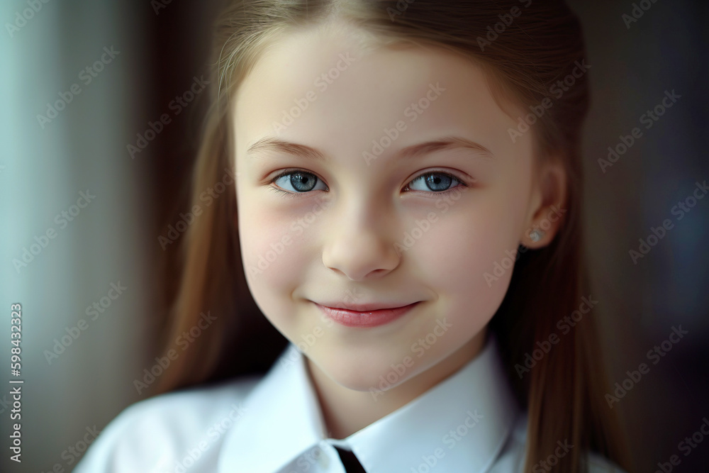 Portrait smiling child girl dressed in school uniform, generative Ai Portrait smiling child girl dressed in school uniform, generative Ai