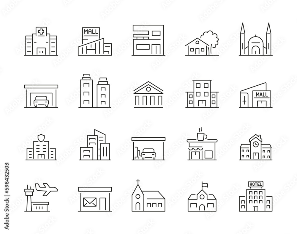 Set of 20 linear icon building. Editable stroke. big city buildings. Urban architecture. State institutions, religious and cultural monuments.