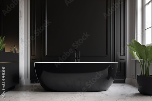 Luxury bathroom with window. Modern big black bathtub and marble tiles. AI Generative AI