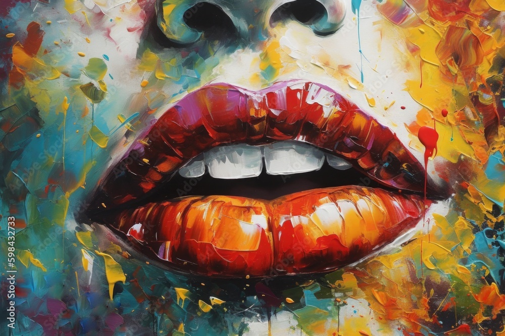 Artistic painting of a woman lips with paint splash, acrylic painting