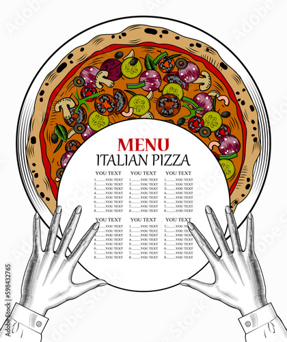 Italian pizza poster. Big round tasty pizza. Conceptual design of a restaurant menu. Vintage engraving stylized line drawing. Vector illustration.