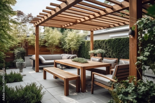 Fotografia Residential terrace summer outdoor table setting with pergola, ai generative