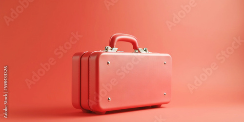 Red travel suitcase, on red background. Trip concept. Generative AI