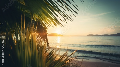 Tropical summer seascape with palm leaves, beach and paradise ocean on sunset. Generative AI