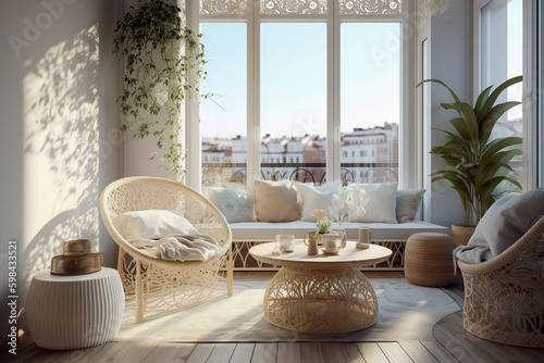 Cute modern balcony, boho design interior style. Beige light colors. Super photo realistic background, generative ai