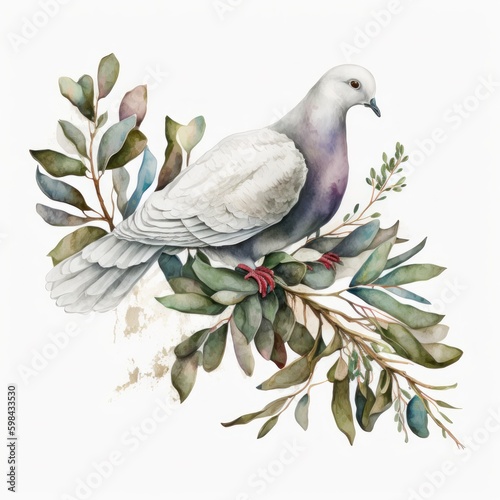Watercolor white dove and olive branche Illustration AI Generative.