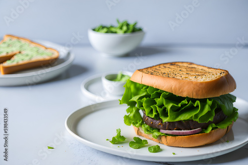 Vegan sandwich with special sauce, an explosion of flavor in every bite. Sandwich on the table.