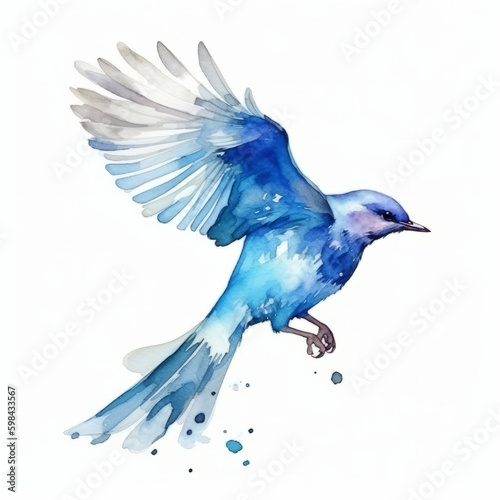 Watercolor blue bird. Illustration AI Generative.