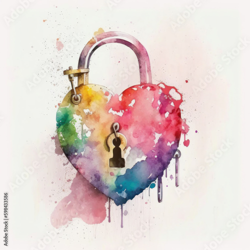 Watercolor love padlock. Illustration AI Generative.