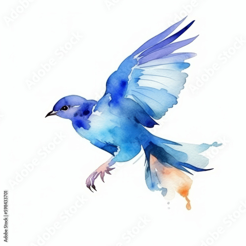 Watercolor blue bird. Illustration AI Generative. © olegganko