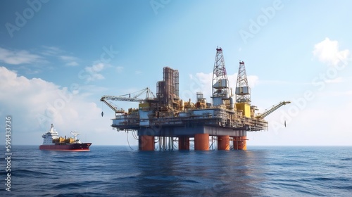 Oil rig in the sea on a sunny day with blue sky. Offshore oil drilling. Generative AI