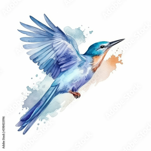 Watercolor blue bird. Illustration AI Generative.