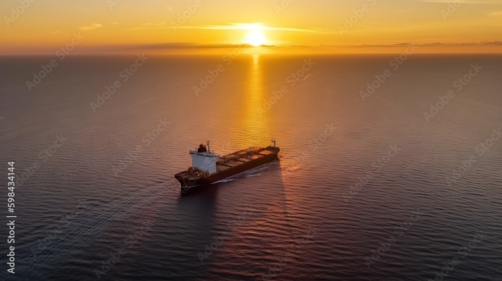 Aerial image of huge fuel tanker ship in the sea on sunset. Generative AI