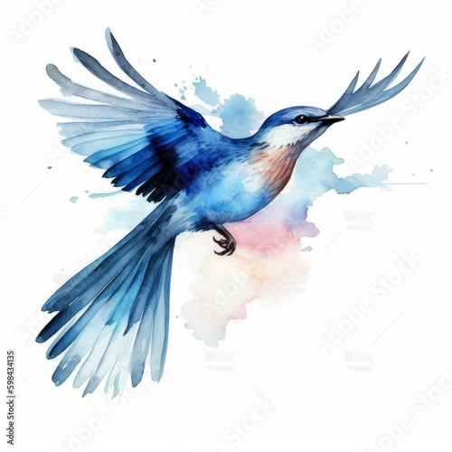 Watercolor blue bird. Illustration AI Generative. © olegganko