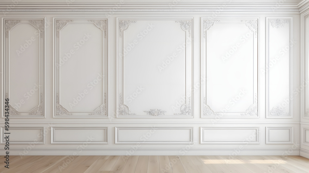 White wall with classic style mouldings and wooden floor, empty room interior, 3d render - obrazy, fototapety, plakaty 