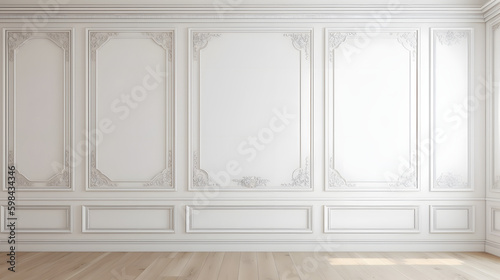 Fotografiet White wall with classic style mouldings and wooden floor, empty room interior, 3