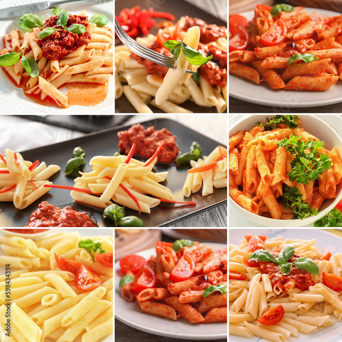 Collage of tasty pasta dishes with tomato sauce, closeup