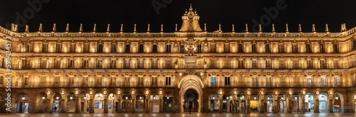 Panorama of the main square called, "Plaza Mayor", of Salamanca (Spain) at night with lights on.