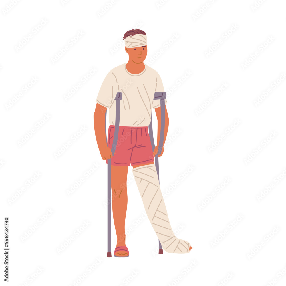 Sad man with broken leg and cast standing with help of crutches, flat vector illustration isolated on white background. Sad man with broken leg and cast standing with help of crutches, flat vector illustration isolated on white background.