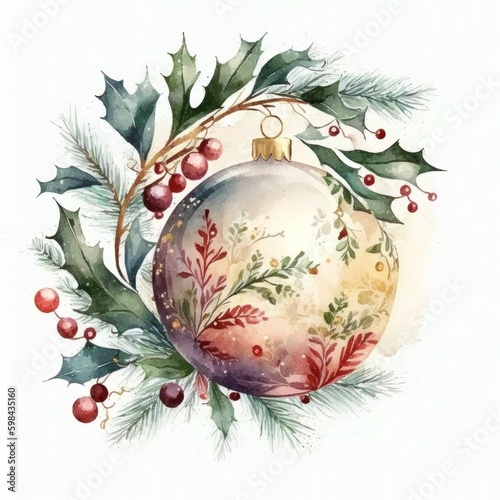 Watercolor Christmas ball decoration. Illustration AI Generative.