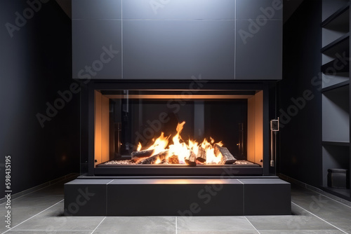 Closeup view of a modern luxury fireplace with fire burning inside. Generative AI © Golden_hind