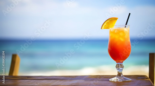 Rum Runner cocktail on background with blue sea and sky tropical background. Generative AI