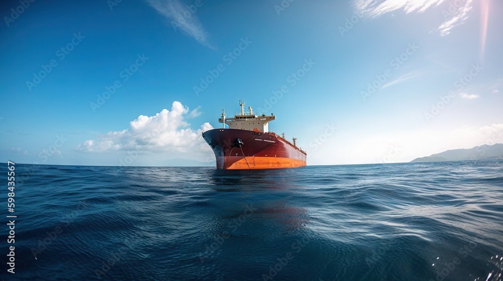 Low angle view on huge fuel tanker ship in the sea. Generative AI Low angle view on huge fuel tanker ship in the sea. Generative AI