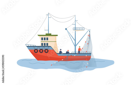 Fishing vessel with fishermen working on it, flat vector illustration isolated.