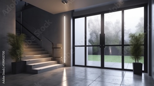 Aluminum modern entrance to a luxury house where the door is als   remarkable. Generative AI Technology 
