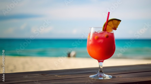 Miami Vice cocktail on background with blue sea and sky tropical background. Generative AI