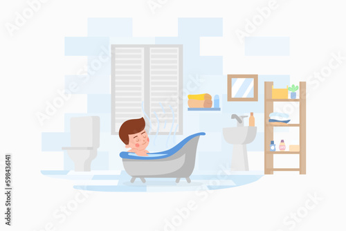 Child boy relaxing in bathtub, cartoon flat vector illustration isolated on white background.