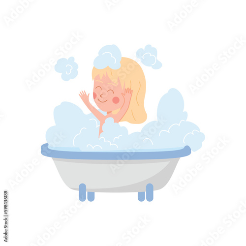 Happy baby girl in bath flat style, vector illustration