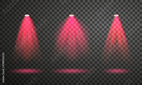Set of red stage light. Vector illustration. Falling spotlight beams isolated on transparent background