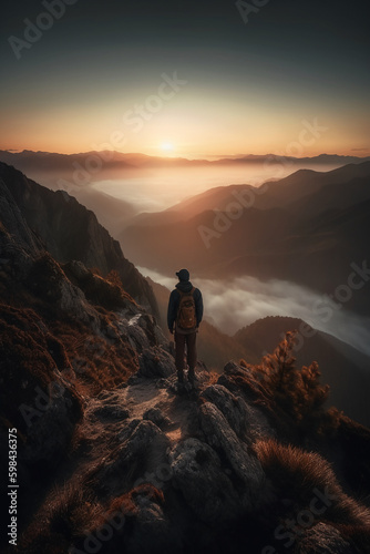 a man is standing on a mountain. AI generative © SANGHYUN