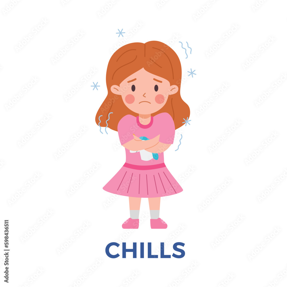 Trembling kid girl in pink dress flat style, vector illustration Trembling kid girl in pink dress flat style, vector illustration