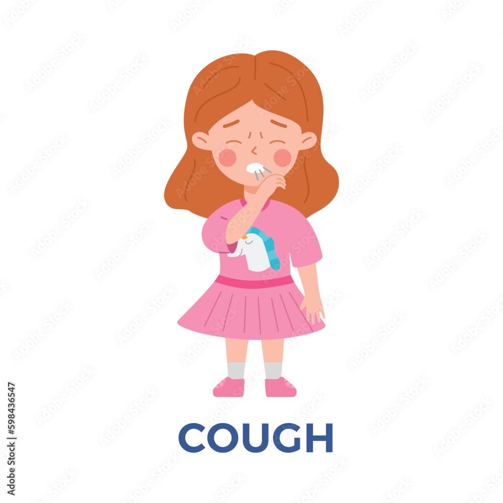 Exhausted child girl in pink dress having cough flu symptom flat style Exhausted child girl in pink dress having cough flu symptom flat style