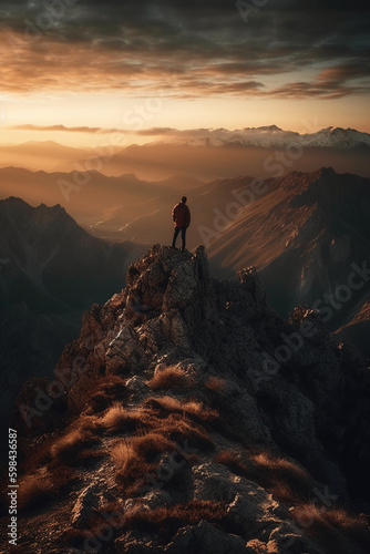 a man is standing on a mountain. AI generative © SANGHYUN