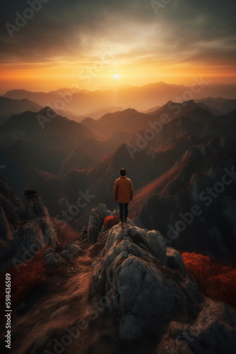 a man is standing on a mountain. AI generative © SANGHYUN