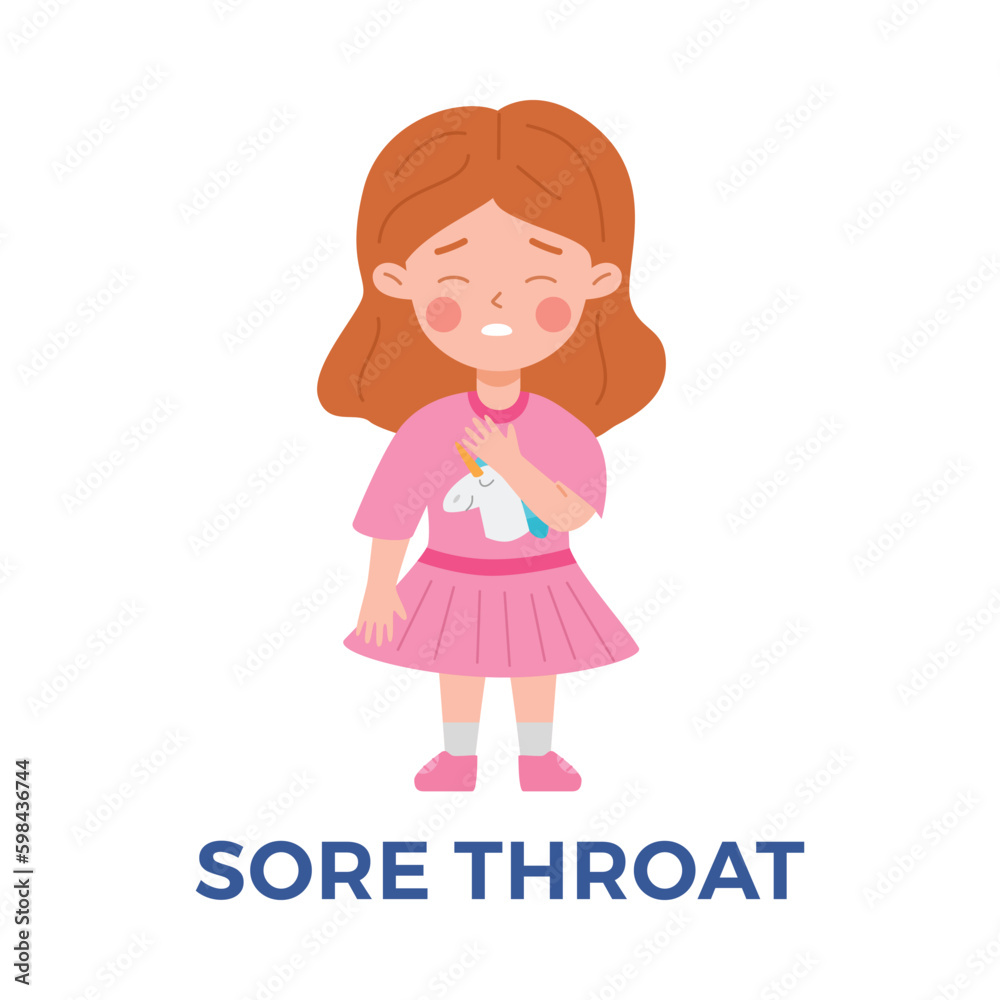 Upset little girl in pink dress with sore throat flat style