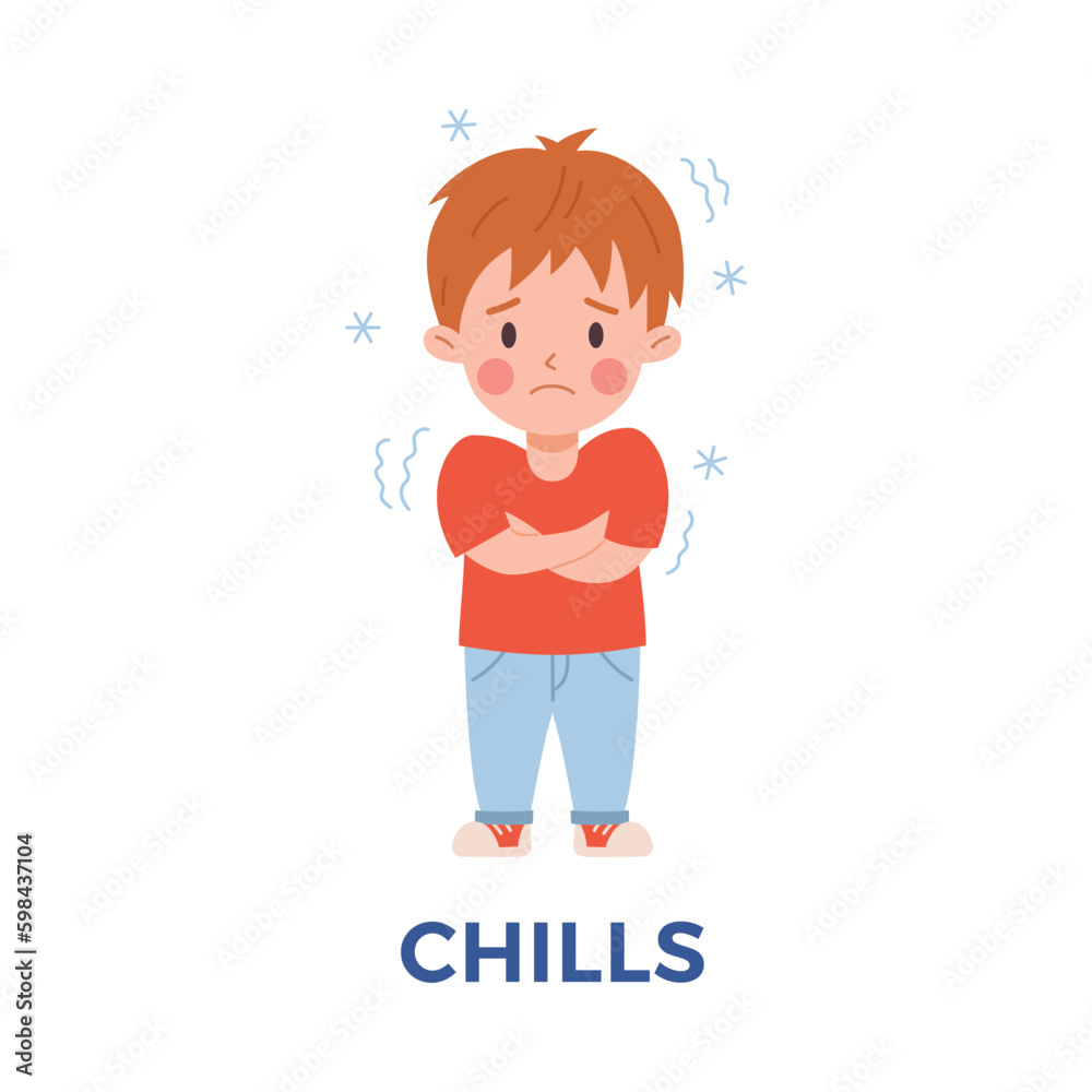 Sad child boy having chills flu symptom flat style, vector illustration